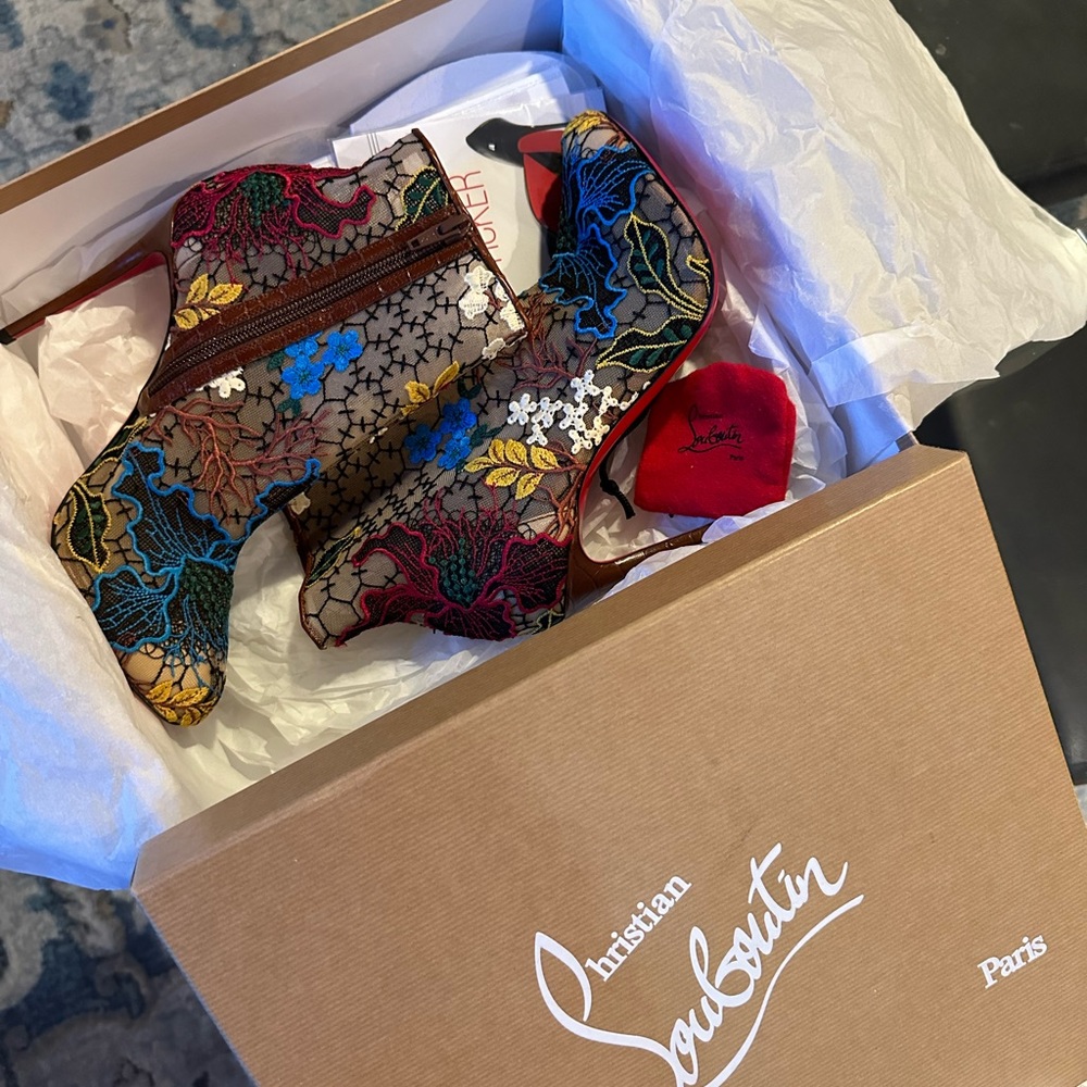 Christian Louboutin Miss Tennis floral butterfly embroidery lace vintage booties